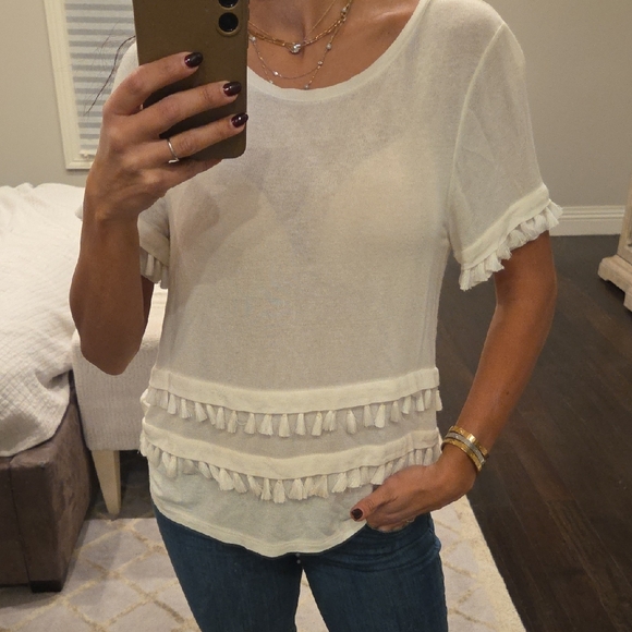 H&M Tops - WOMEN'S H&M SHORT SLEEVE TASSLE T SHIRT TOP BLOUSE CREAM OFF WHITE SZ S $30